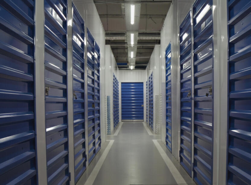 Row of clean, temperature-controlled internal storage units at Locked Self Storage Alloa, located inside the former police station on Mar Place.